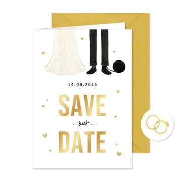Trouwkaart save the date grappig cartoon humor hartjes goud